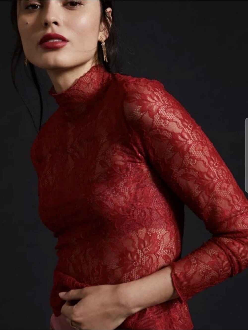 Anthropologie Women's Lace Long-Sleeve Crop Top - Red